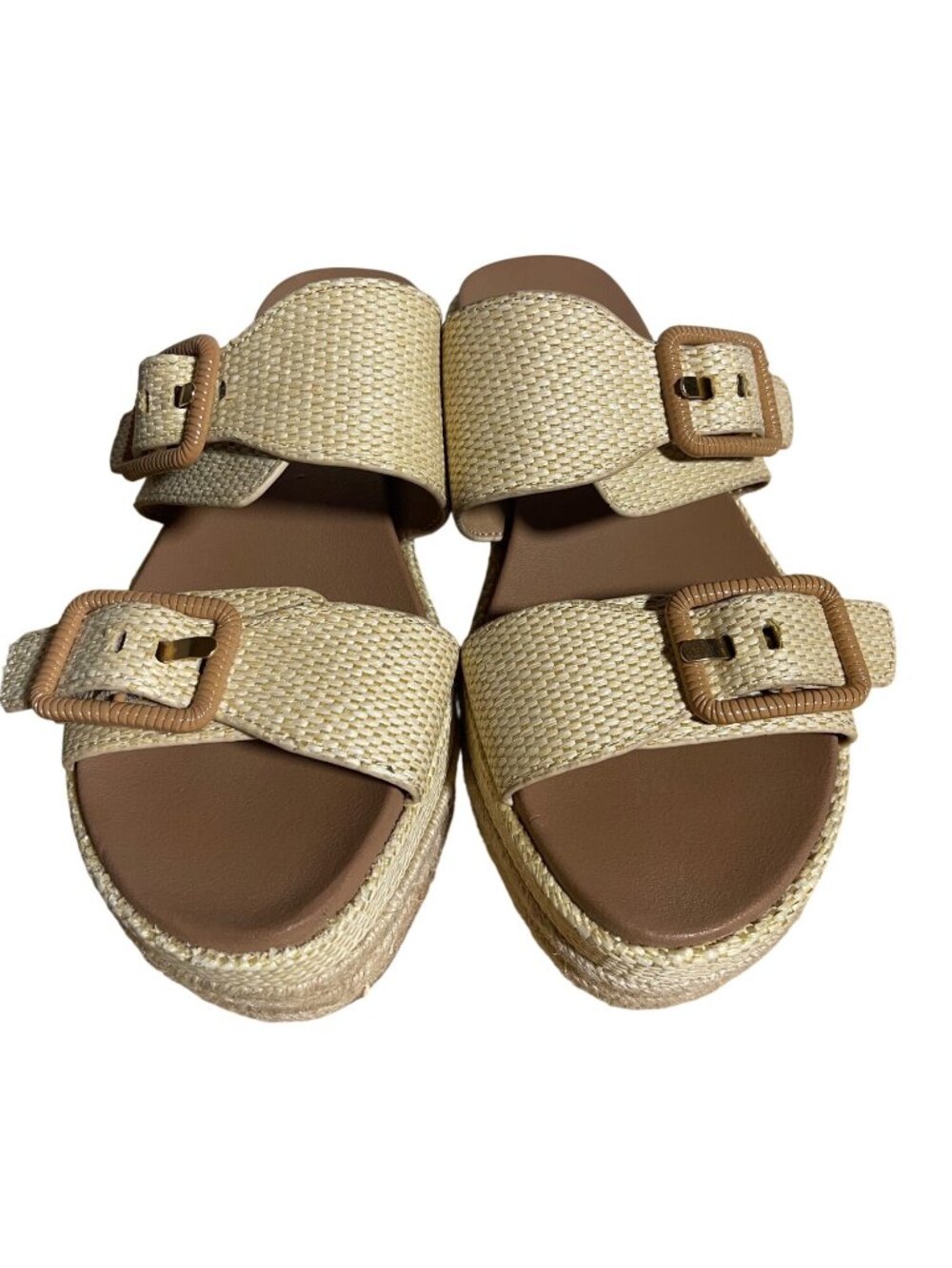 Soda Funny Platform Sandals Womens Size 7.5 Buckle Accent Beige Slip On Casual